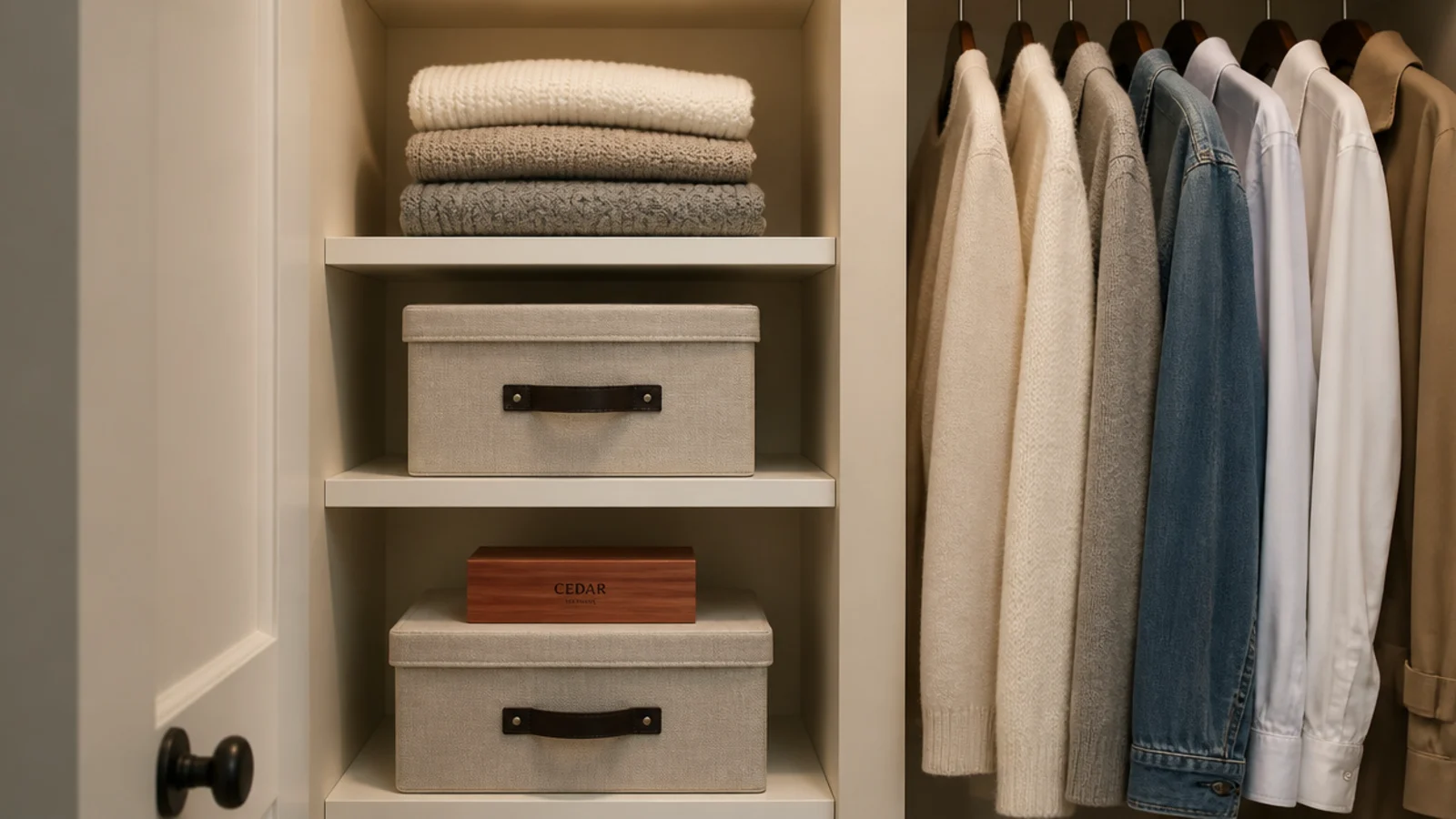 small corner shelves inside a closet holding folded knits and boxes