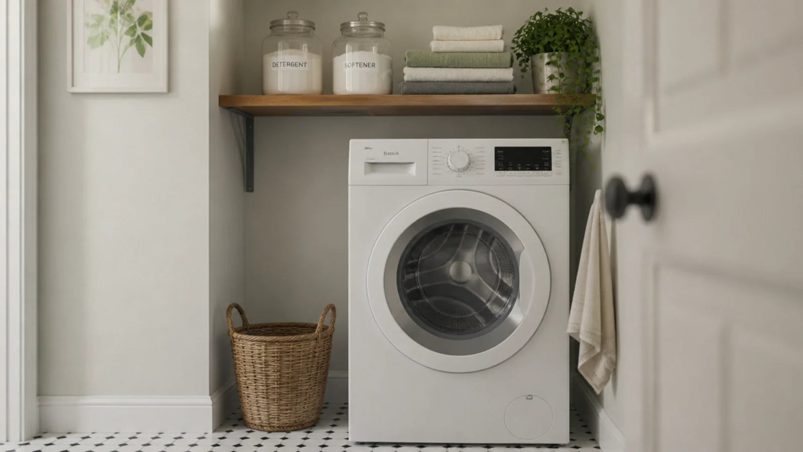 corner shelf above a washing machine holding jars and folded linens