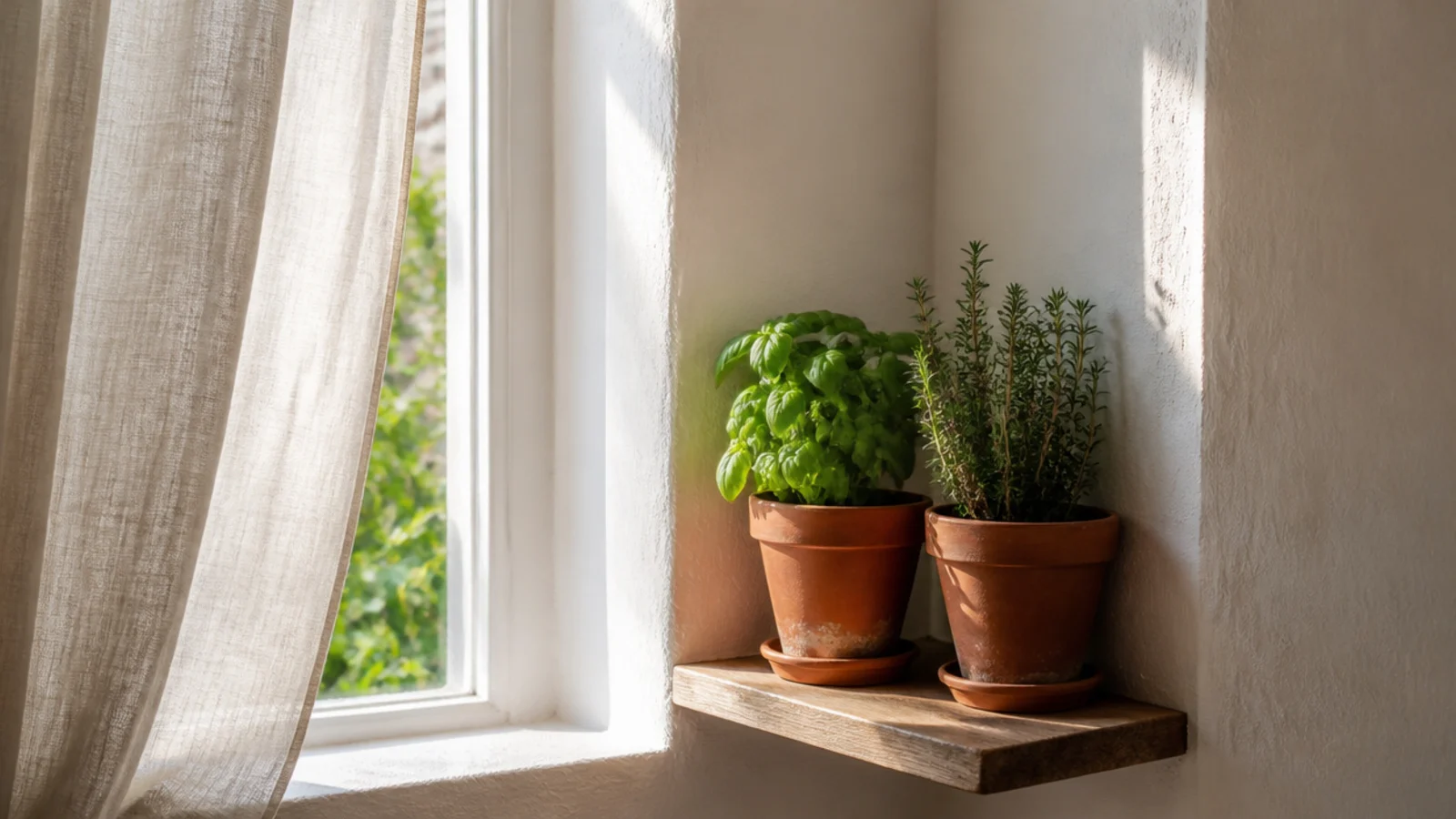small shelf fitted into a deep window reveal corner holding plants