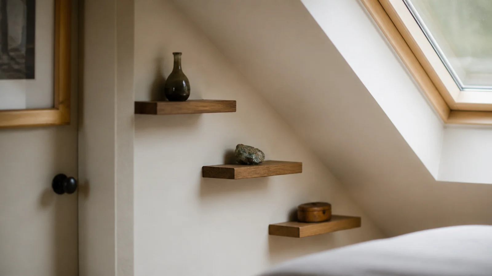 corner shelves stepping down under a sloped attic ceiling