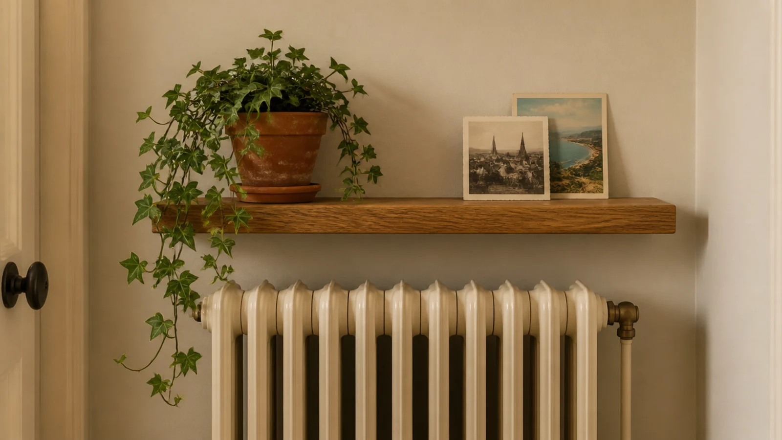 shelf mounted above a radiator turning it into a usable surface