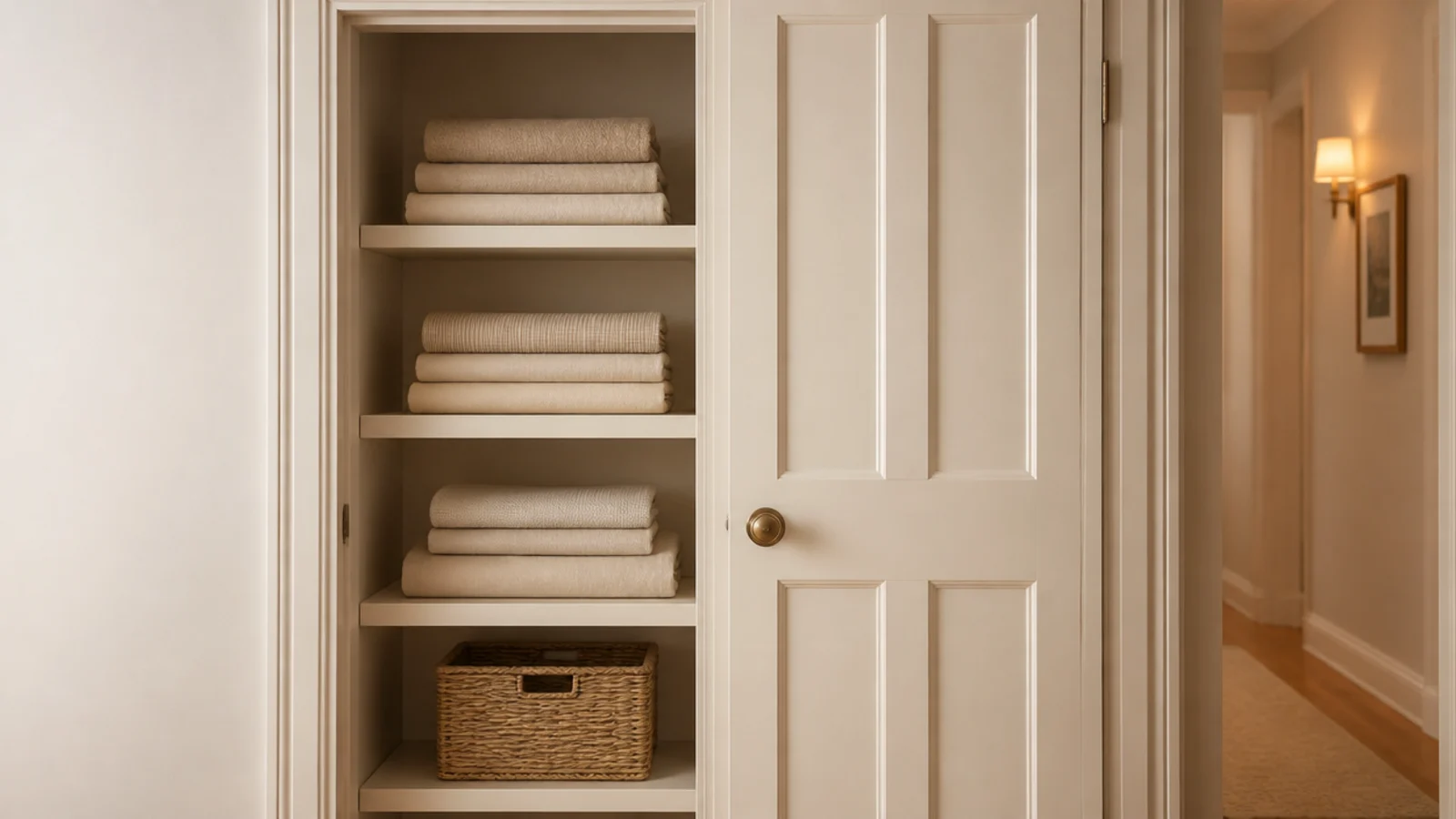 four inch shelves behind an open door holding folded linens