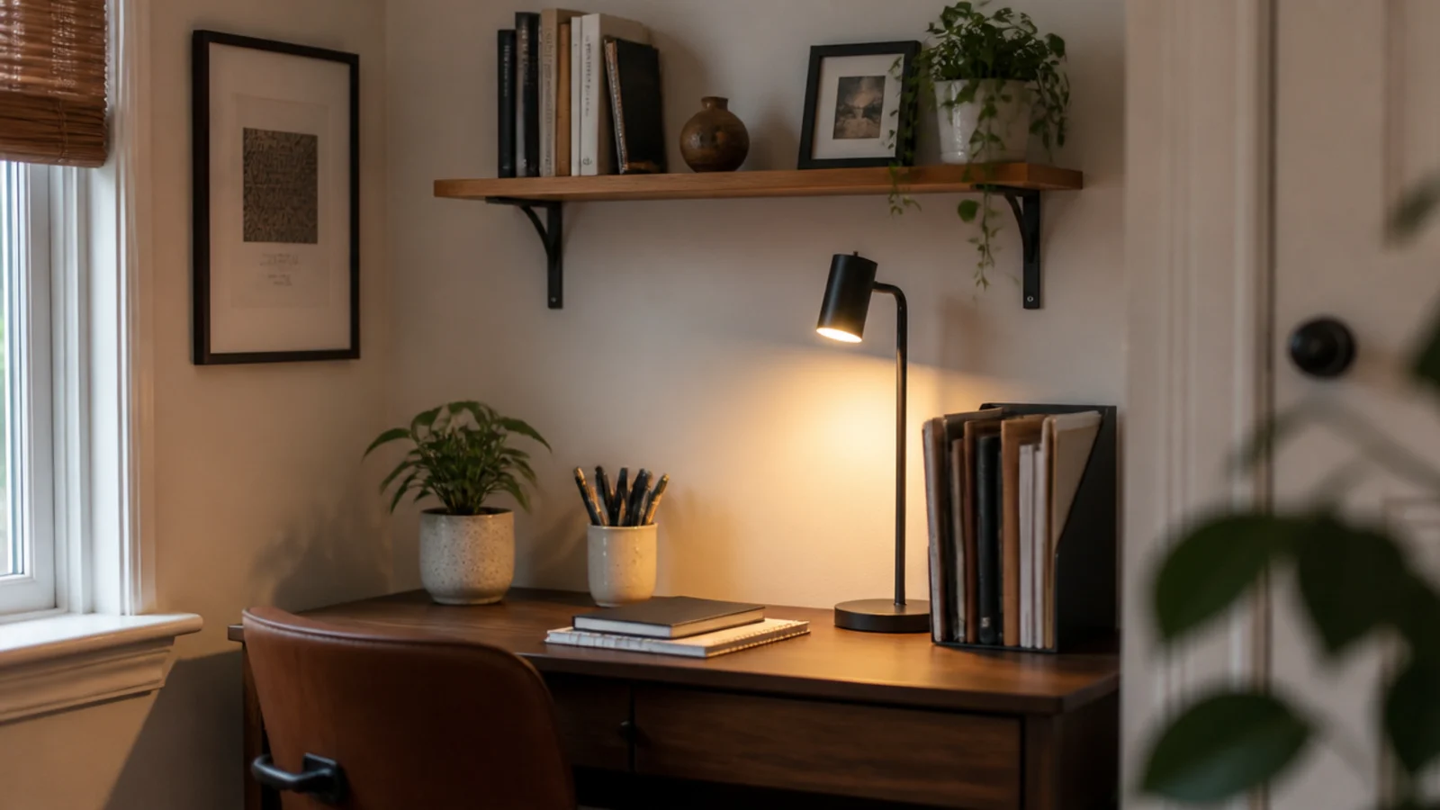 shelf mounted above a small desk holding files and a plant