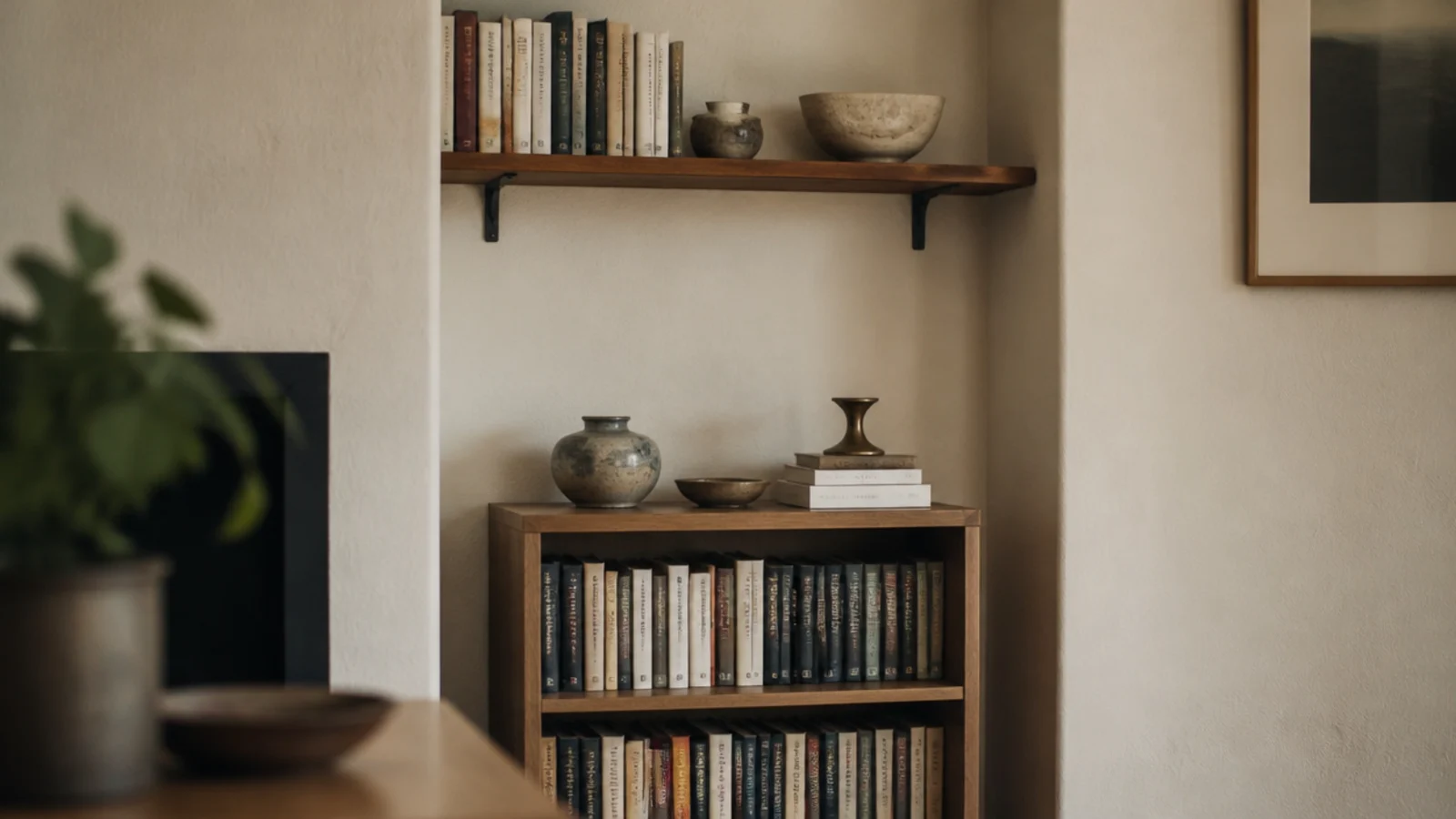 shelf mounted above a low bookcase continuing the storage upward