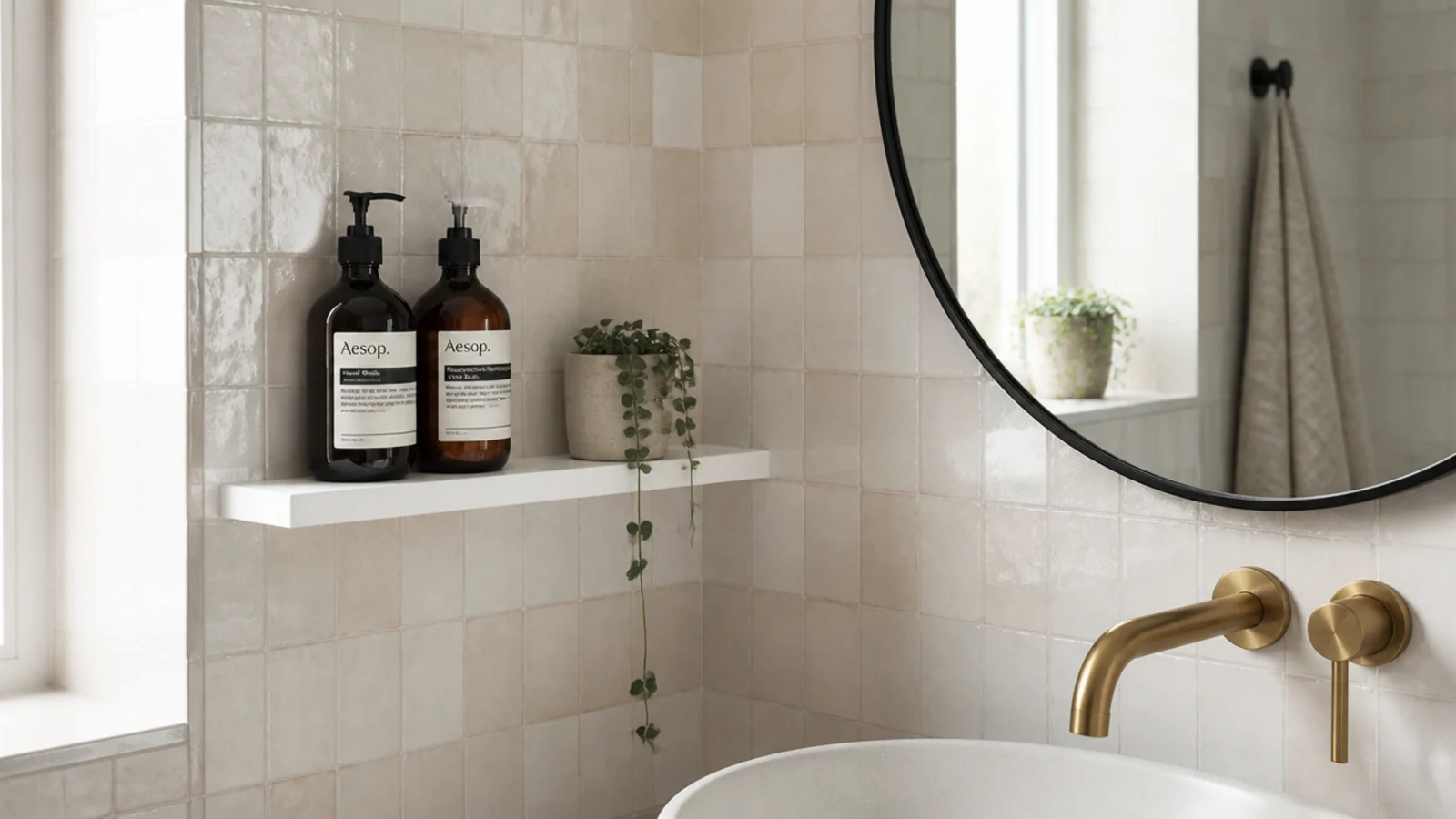 narrow shelf beside a bathroom mirror holding bottles and a plant