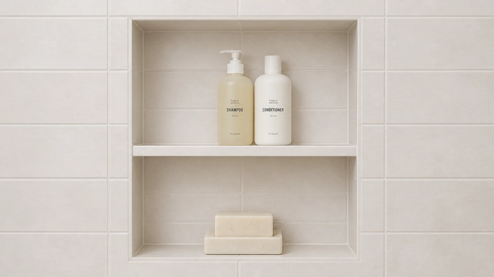 small sealed shelf splitting a tiled shower niche into two levels