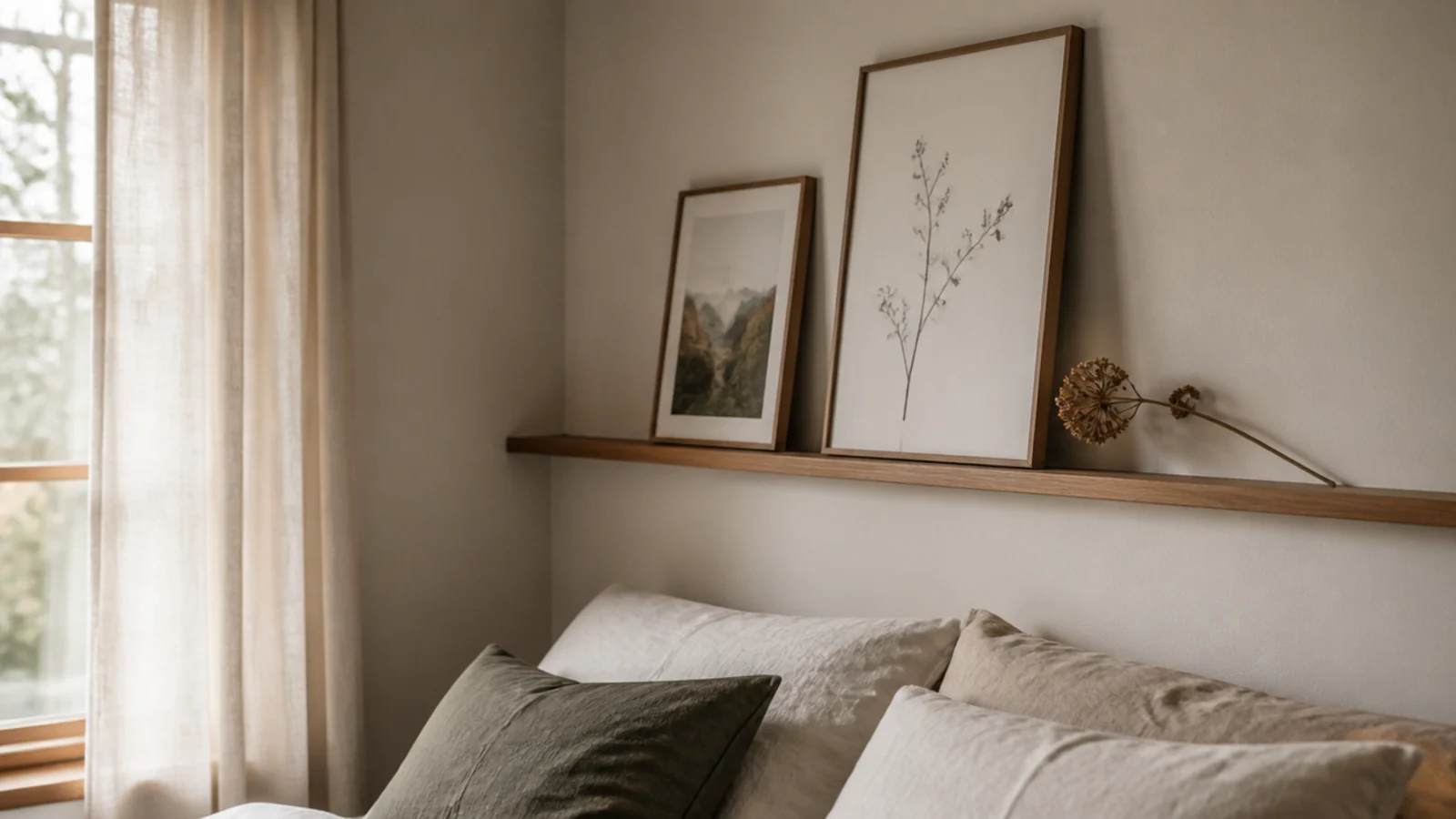 narrow ledge above a bed corner holding leaning prints and a plant