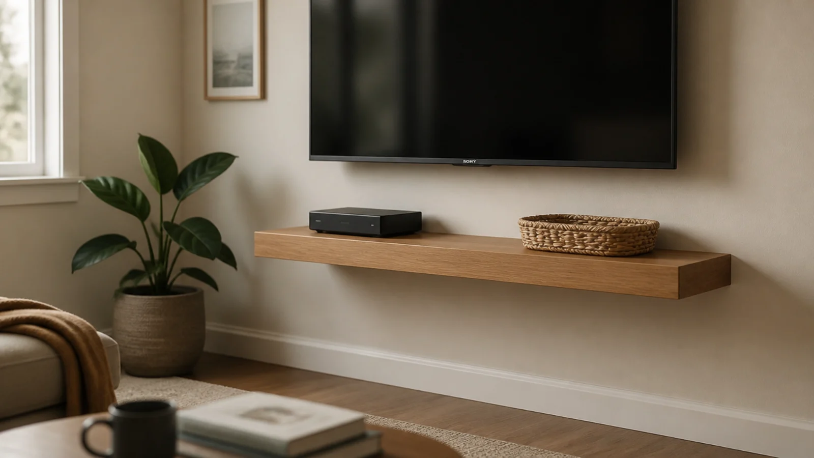 floating shelf beneath a wall mounted television hiding devices