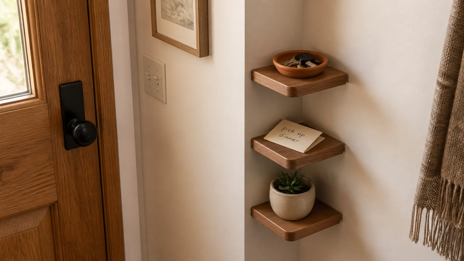 three very small stacked corner shelves holding keys and a dish