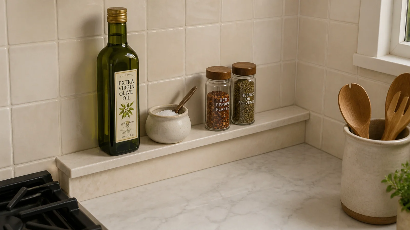 slim ledge running along a kitchen backsplash corner holding oils