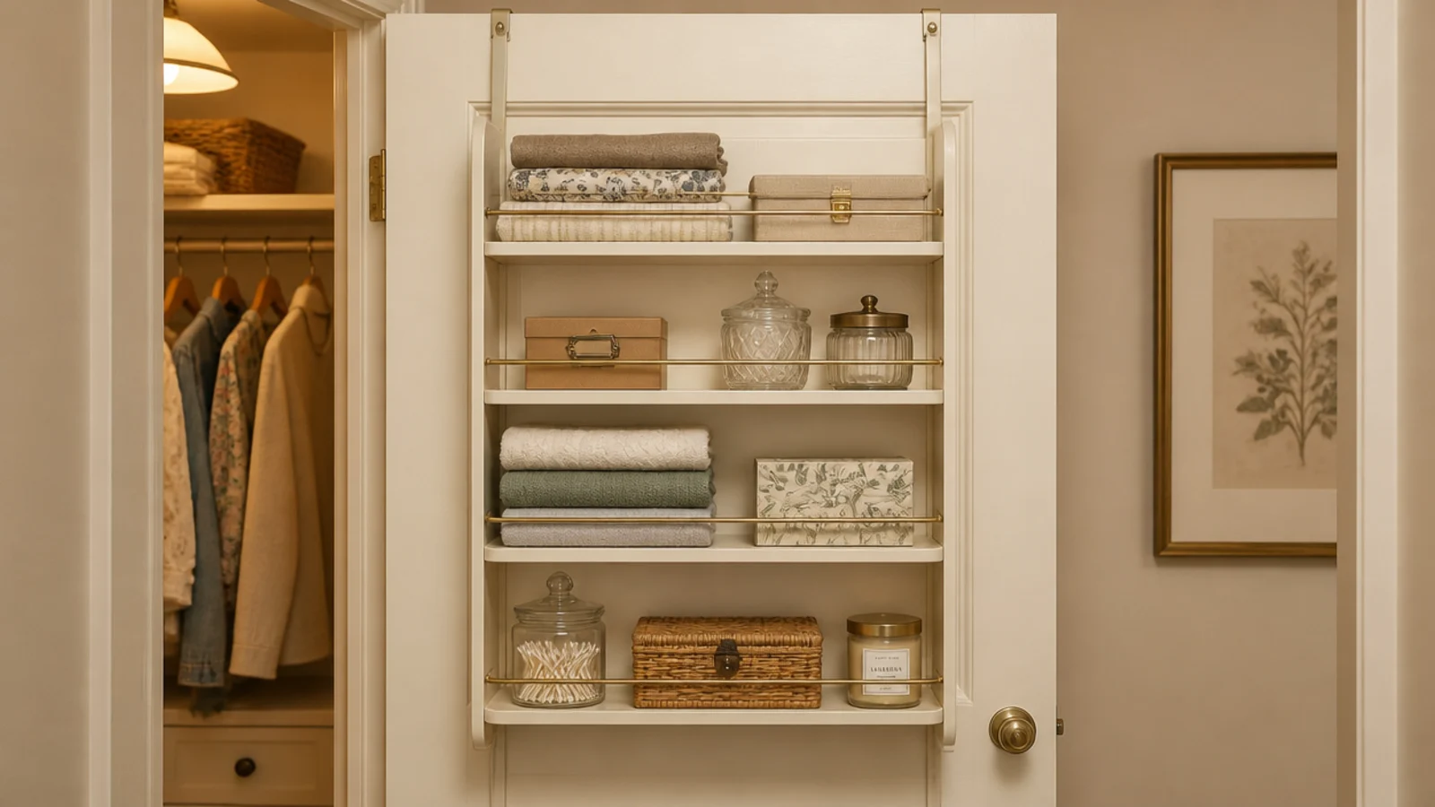 slim shelf rack fitted to the back of a closet door holding supplies