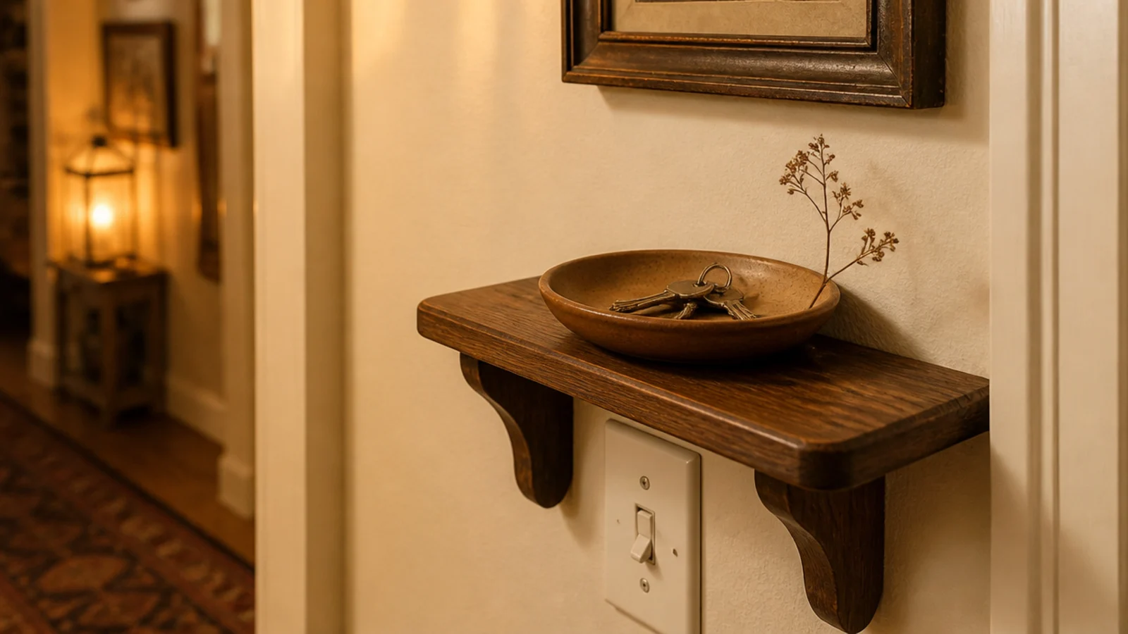 small shelf mounted above a hallway light switch holding a dish