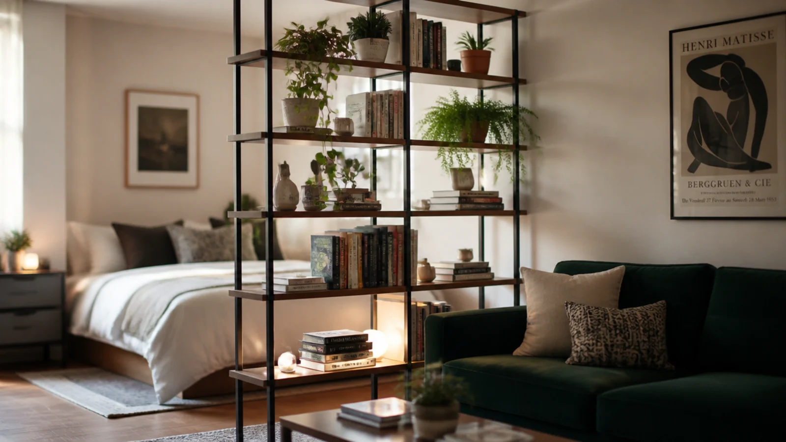 open corner shelving used to divide a studio living and sleeping area