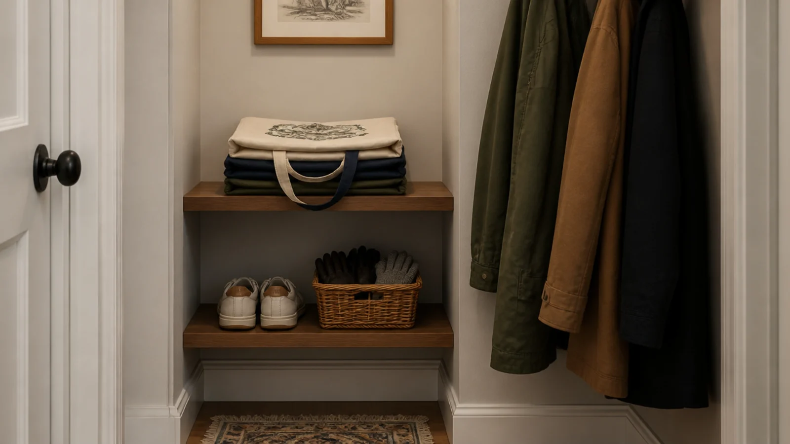 small shelves inside an entry closet corner holding shoes and bags