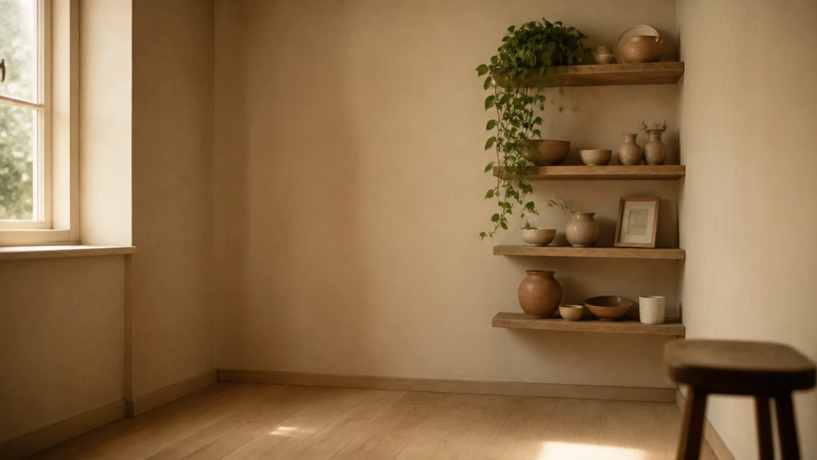 single well styled corner shelf stack in an otherwise calm small room