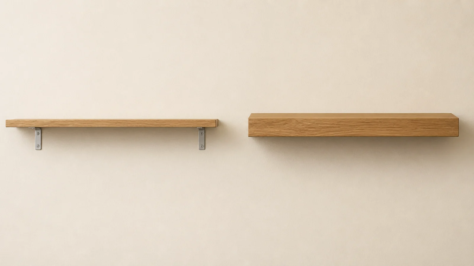 comparison of a thin bracket shelf beside a thick built up floating shelf