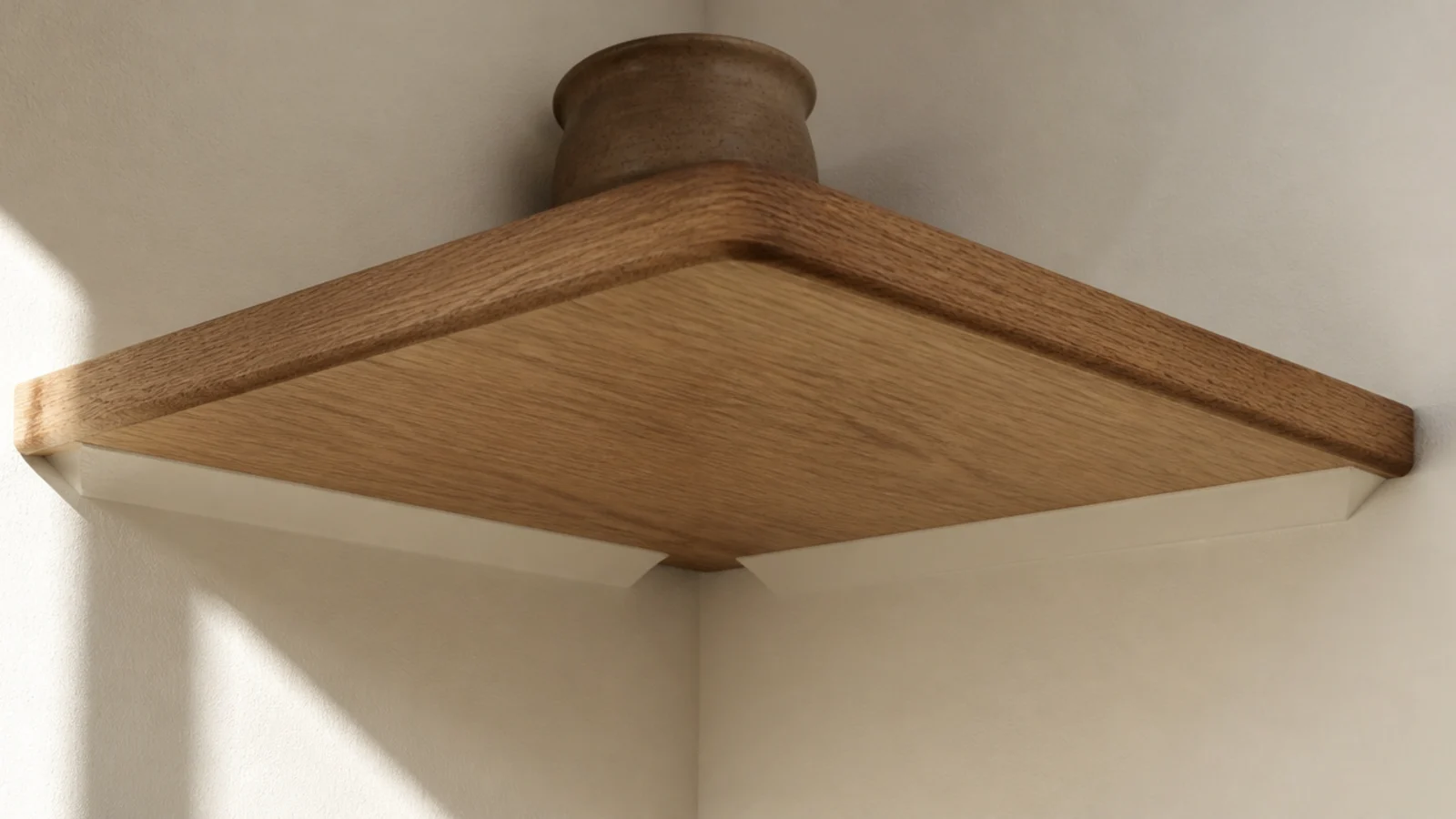corner shelf with brackets painted to match the cream wall behind it