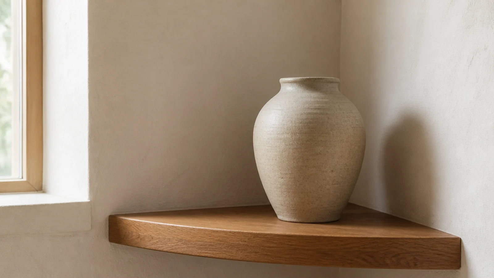 single large stoneware vessel commanding a whole corner shelf alone