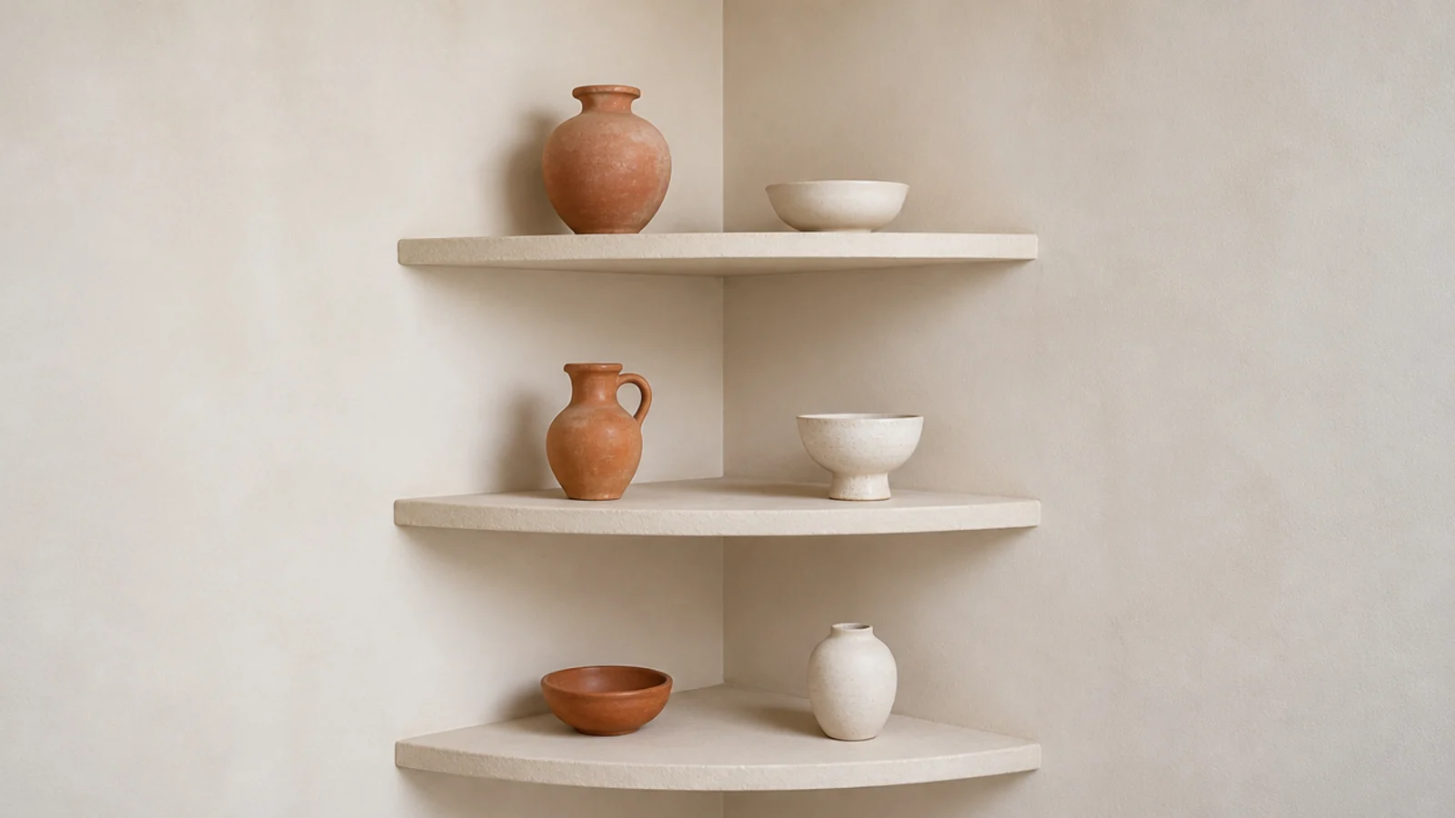 sparsely styled corner shelves with generous empty space between objects