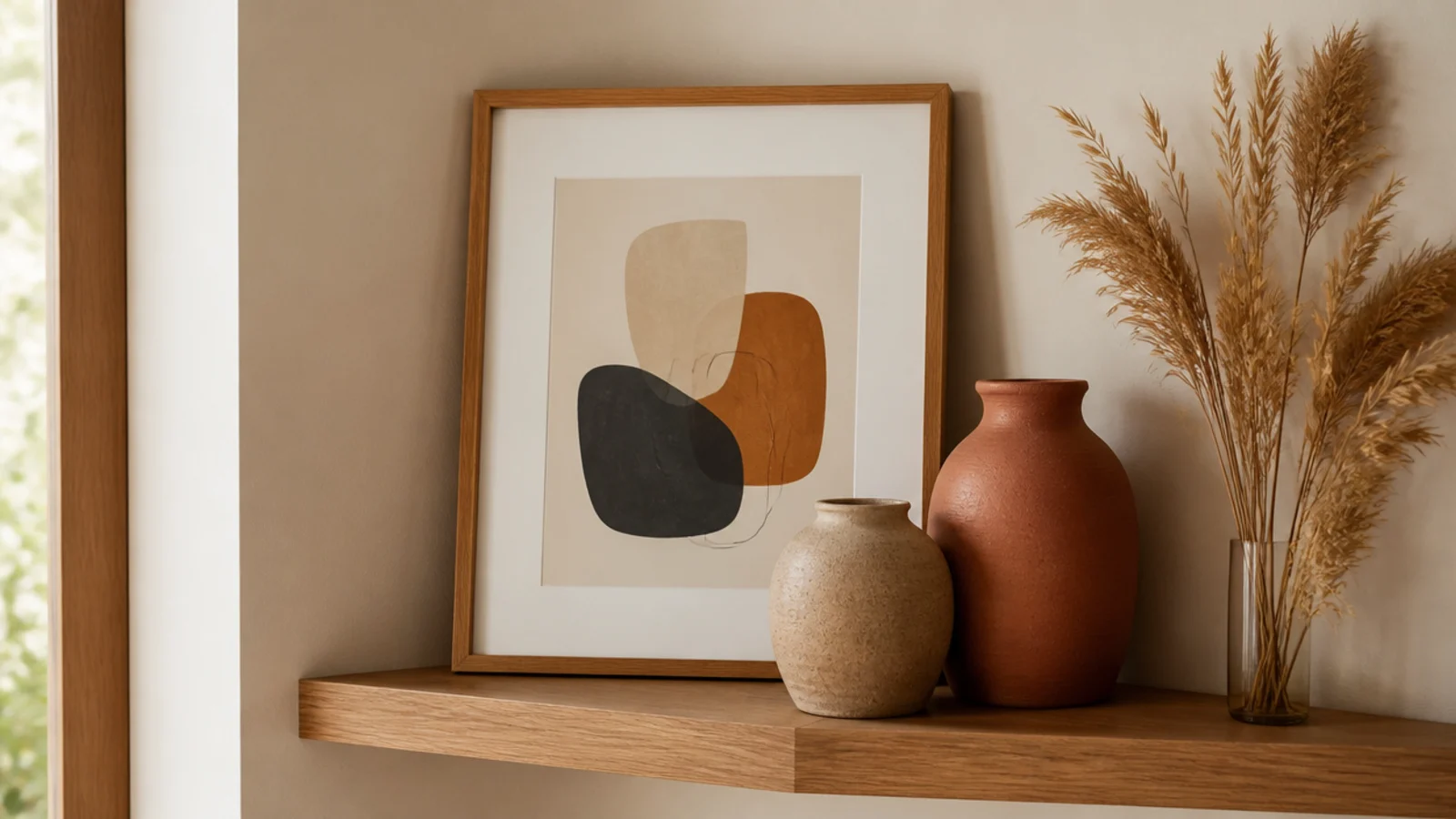 framed artwork leaning against the wall behind pottery on a corner shelf