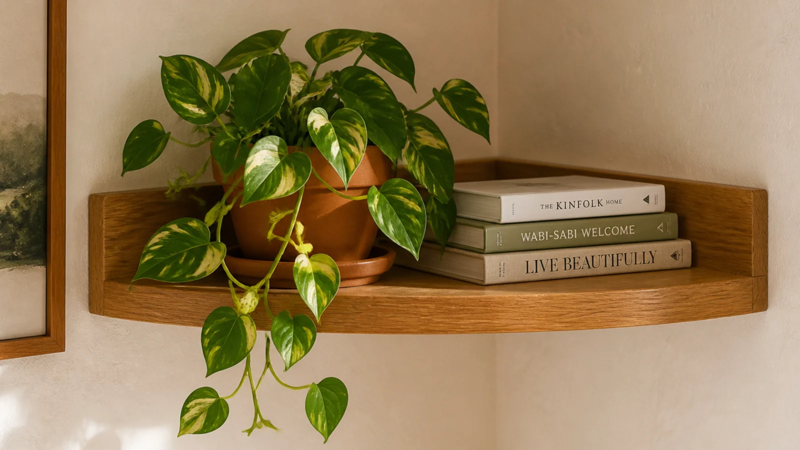living trailing pothos spilling naturally over a wooden corner shelf edge
