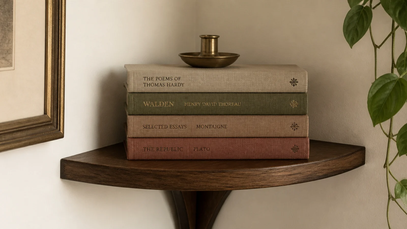cloth bound hardbacks with jackets removed stacked on a corner shelf