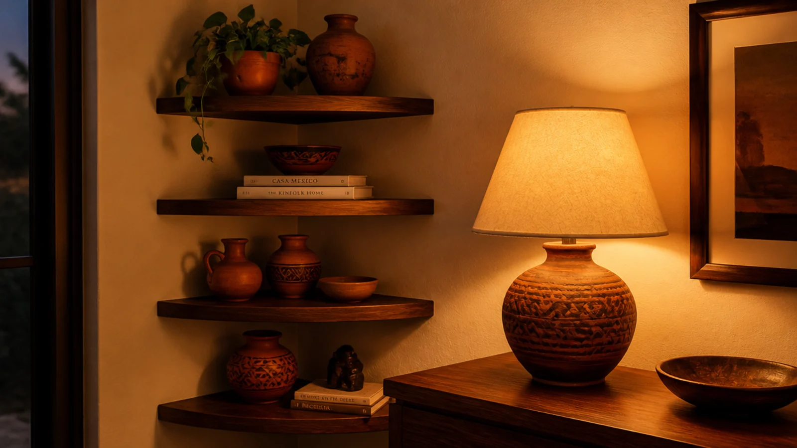 warm 2700k lamp light on clay pottery beside a living room corner shelf
