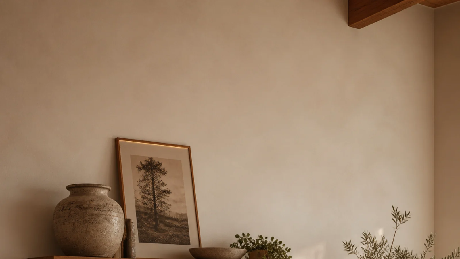 vertical image of expensive looking living room corner shelves with warm lighting