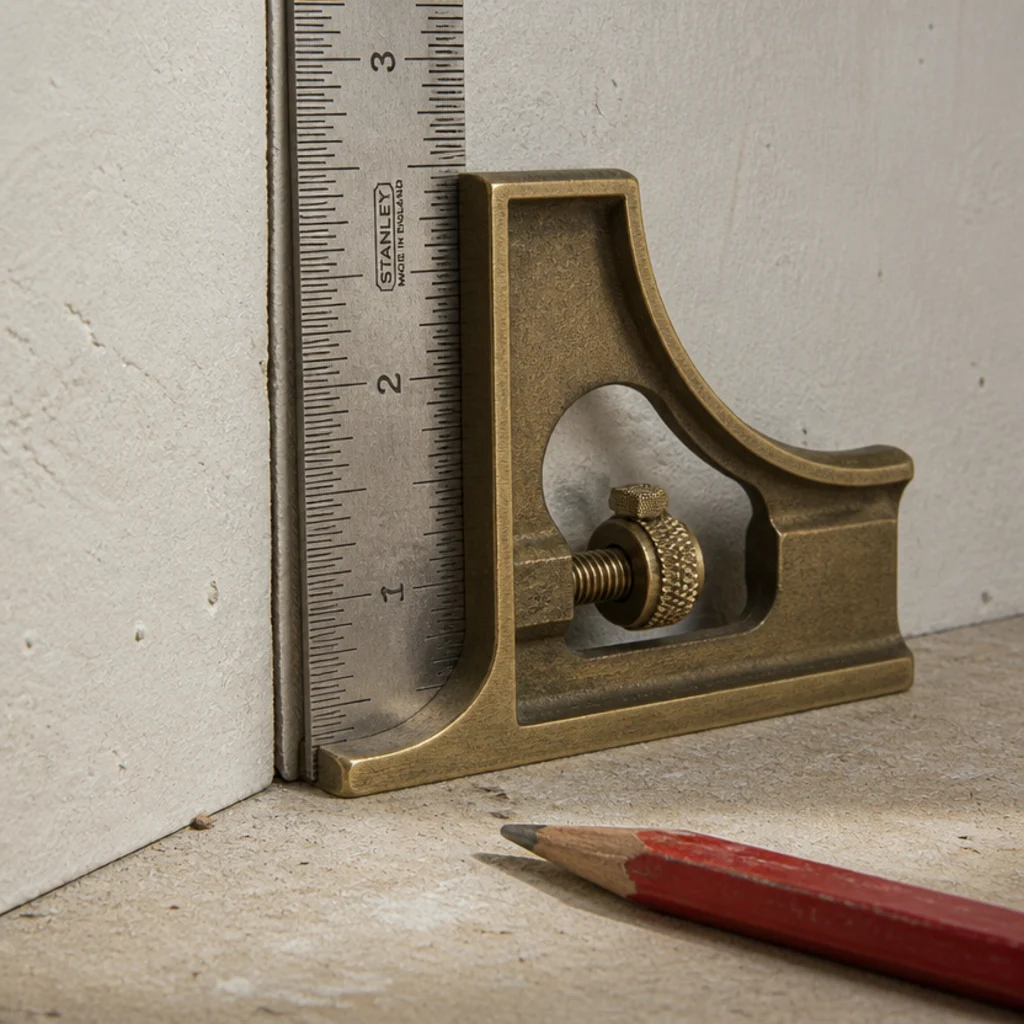 combination square pressed into a wall corner checking it is ninety degrees