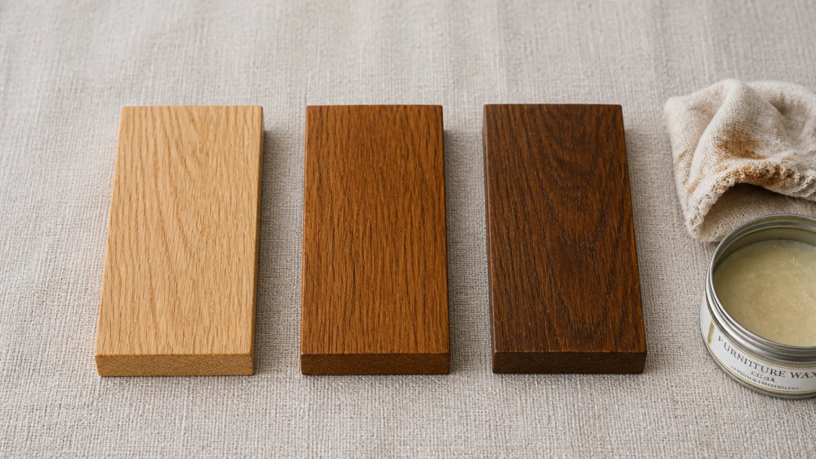 three oak offcuts showing different stain finishes drying on linen