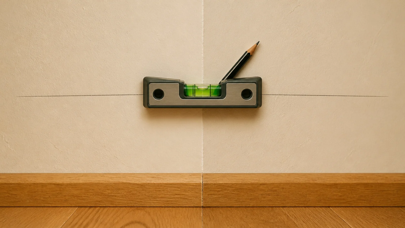 spirit level and pencil line marking corner shelf height on a wall