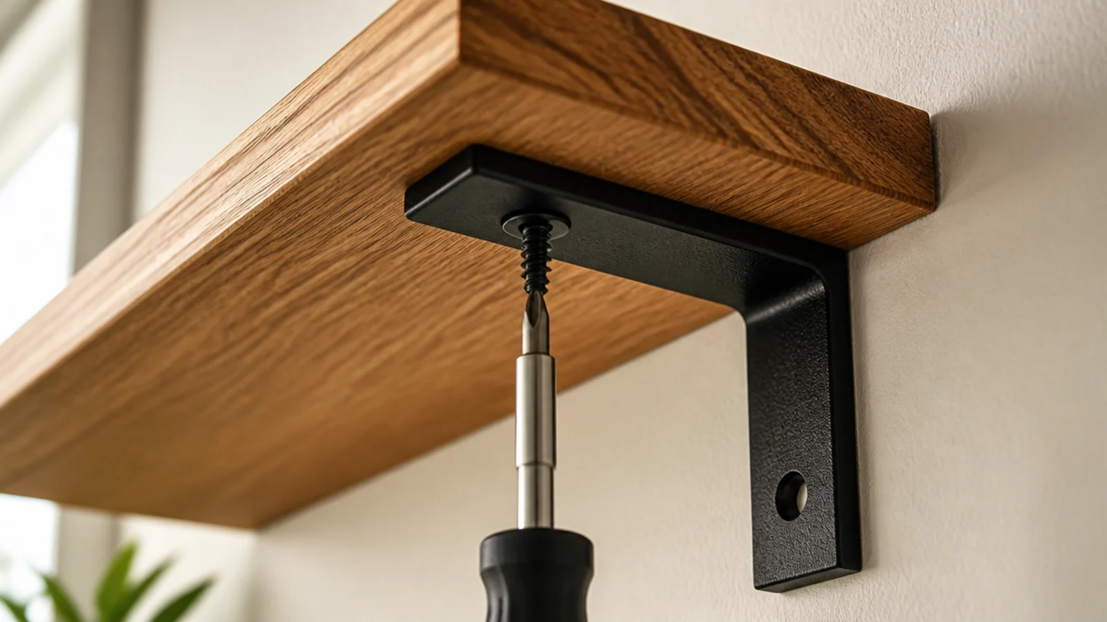 short screw being driven up through a bracket into an oak shelf
