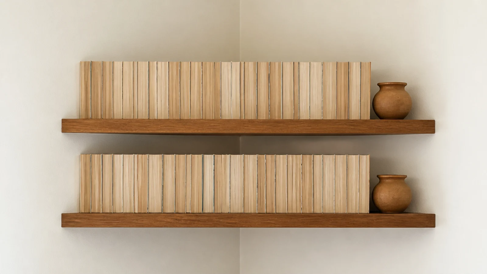 two closely spaced floating corner shelves filled with paperback books