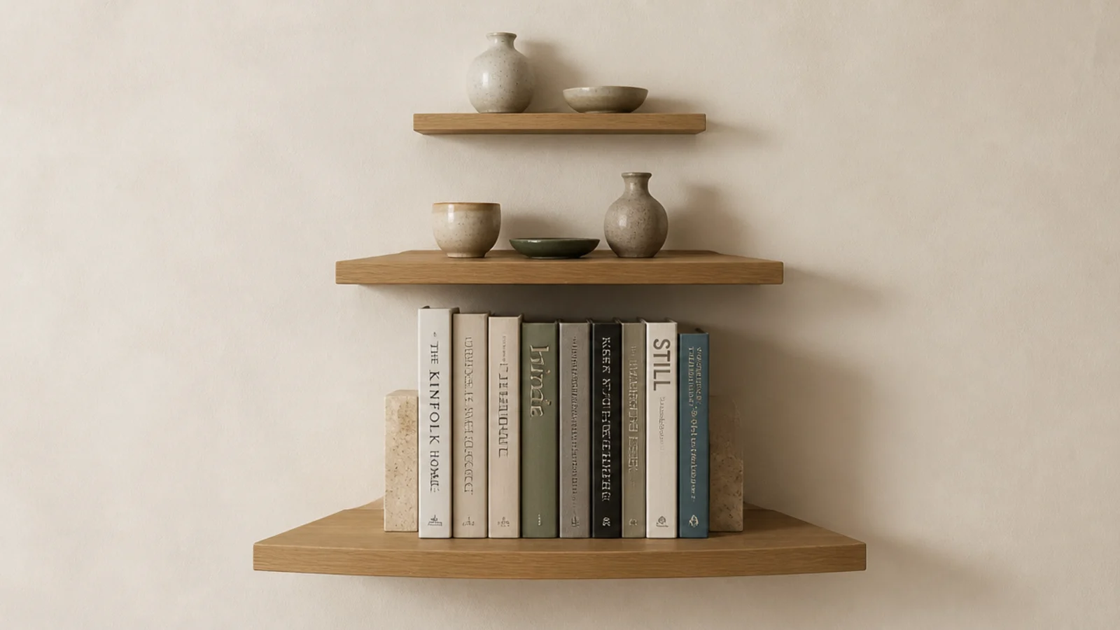 floating corner shelves tapering from deep at base to shallow on top