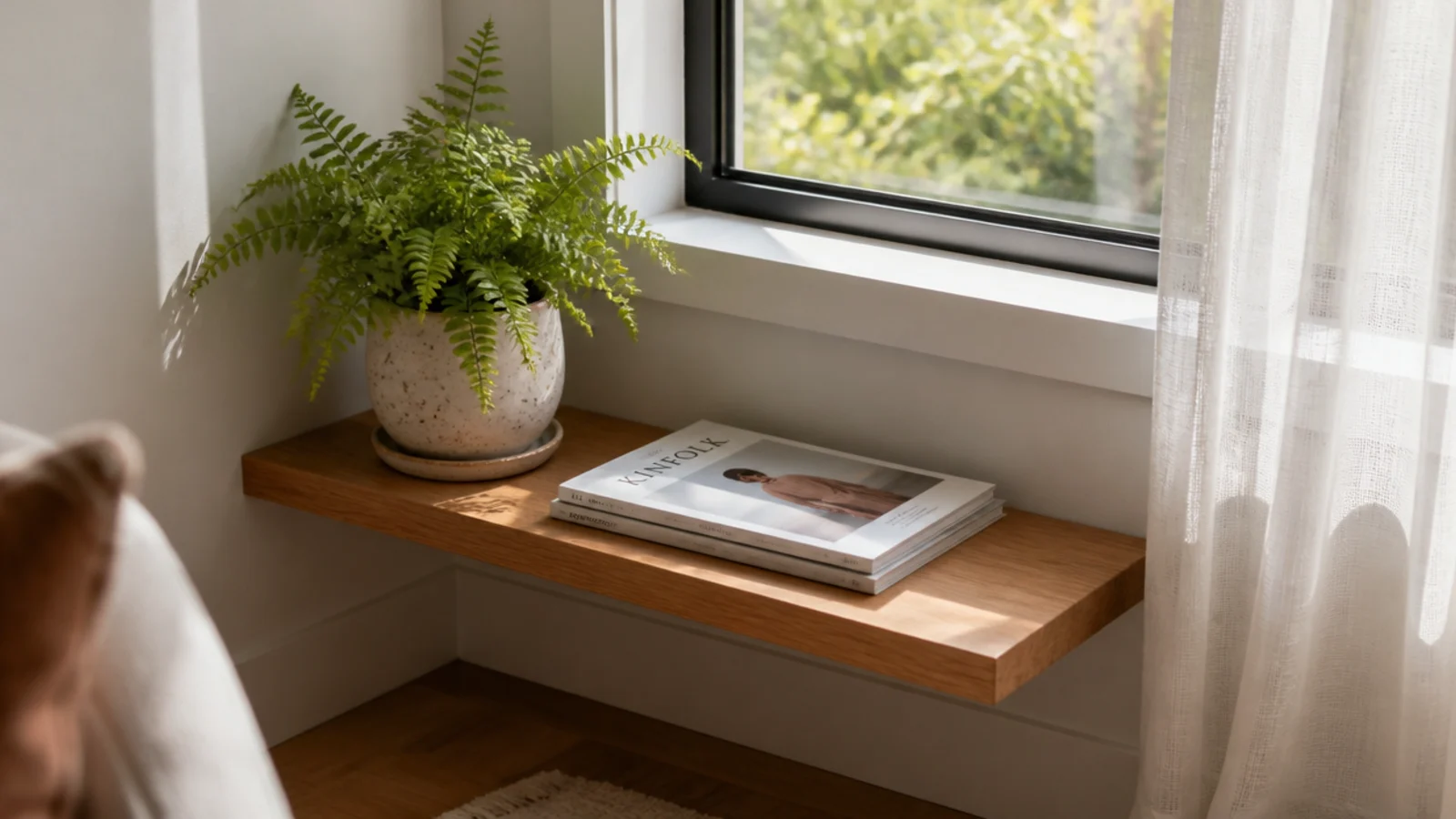 low floating shelf beneath a corner window holding a fern and books