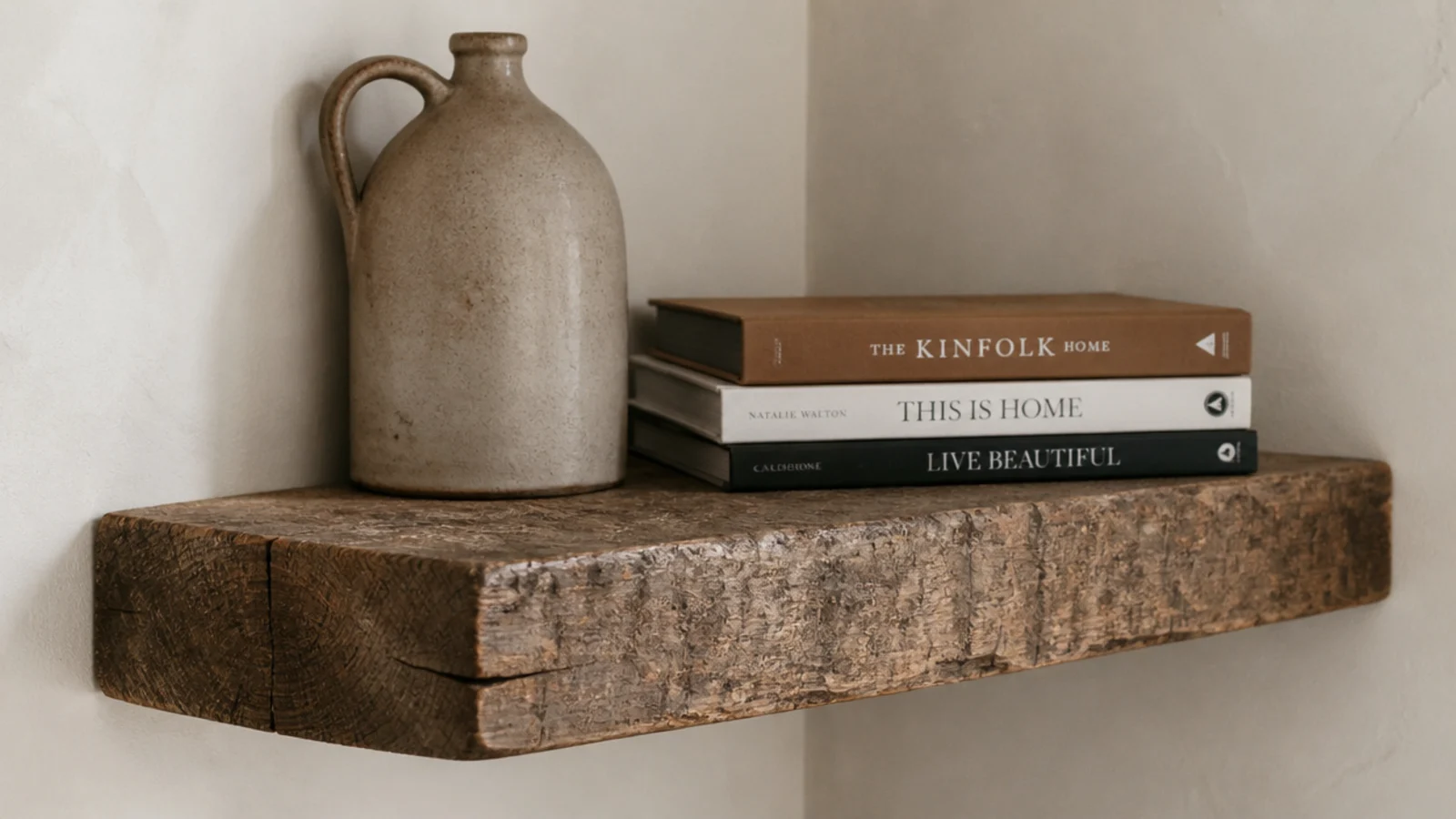 chunky reclaimed scaffold board floating shelf with visible saw marks