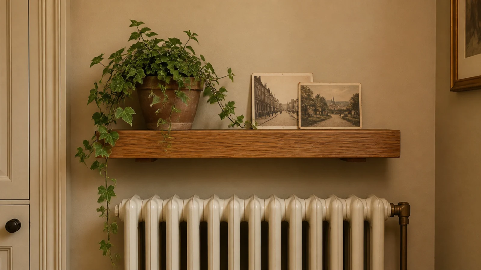 floating corner shelf mounted with clearance above a column radiator