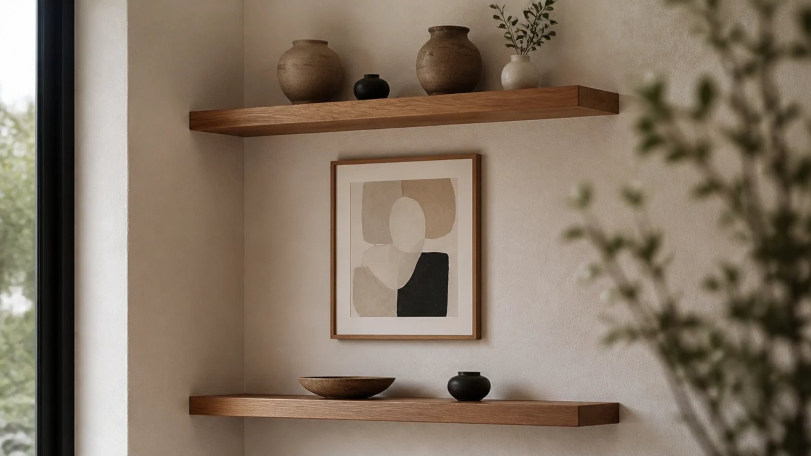 two floating corner shelves with a framed print hung in the gap between