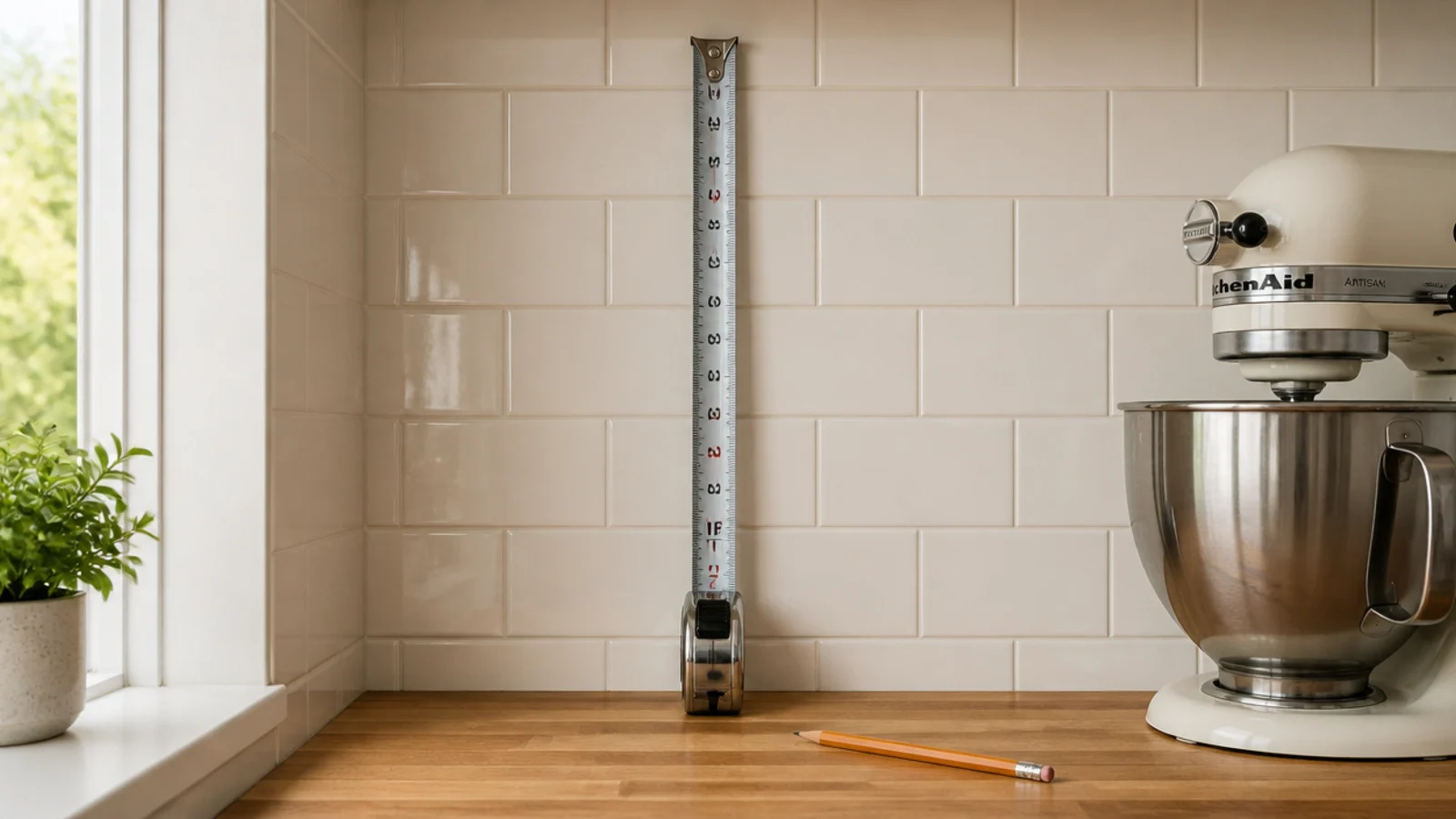 kitchen counter corner measured for shelf height above a stand mixer