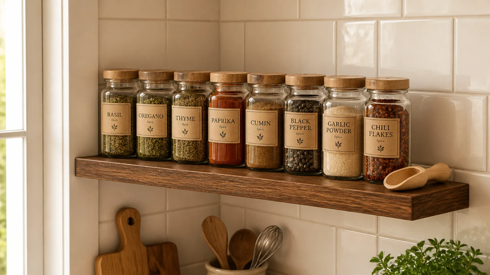 row of matching glass spice jars with kraft labels on a kitchen shelf