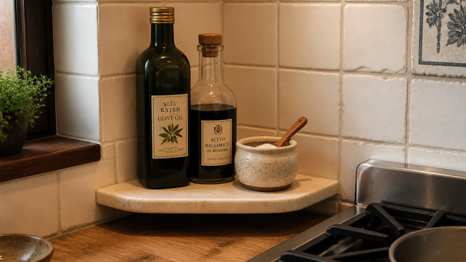 oil and vinegar bottles on a shelf beside a kitchen stove corner