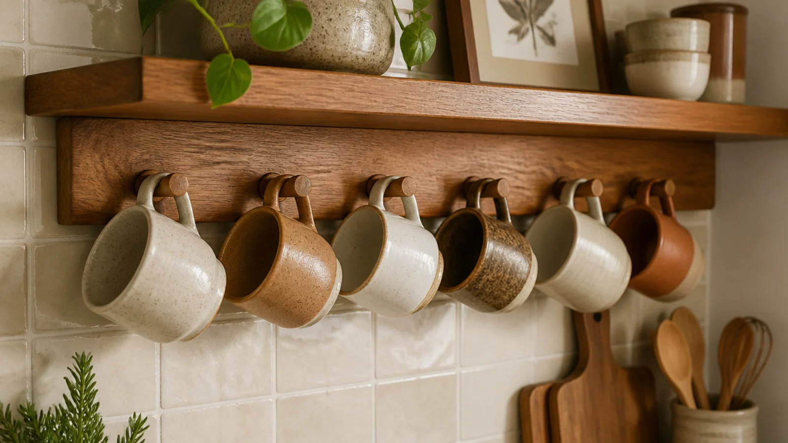stoneware mugs hanging from wooden pegs under a kitchen corner shelf