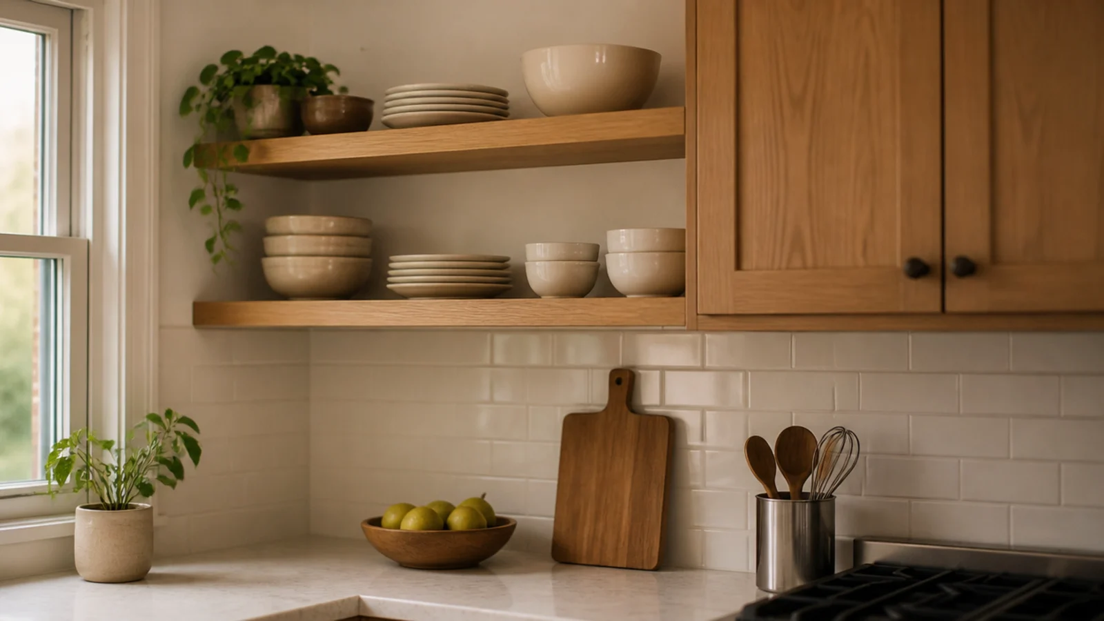 open corner shelves replacing a removed kitchen upper cabinet