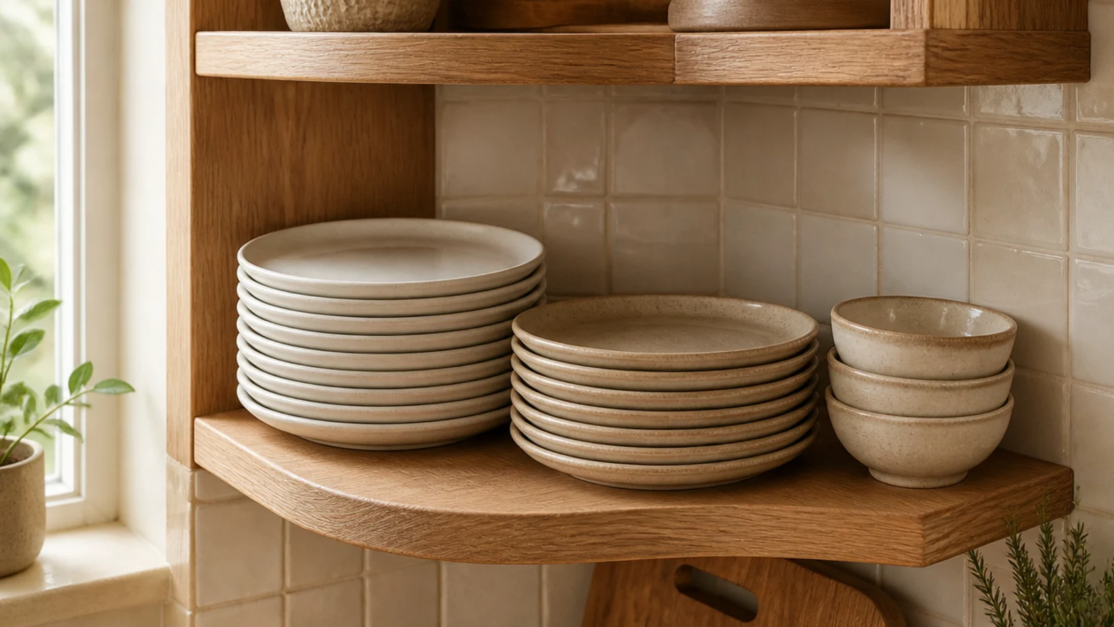 stack of everyday stoneware plates on an open kitchen corner shelf