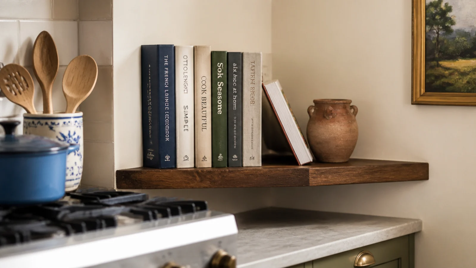 row of cookbooks on a kitchen corner shelf away from the cooking zone