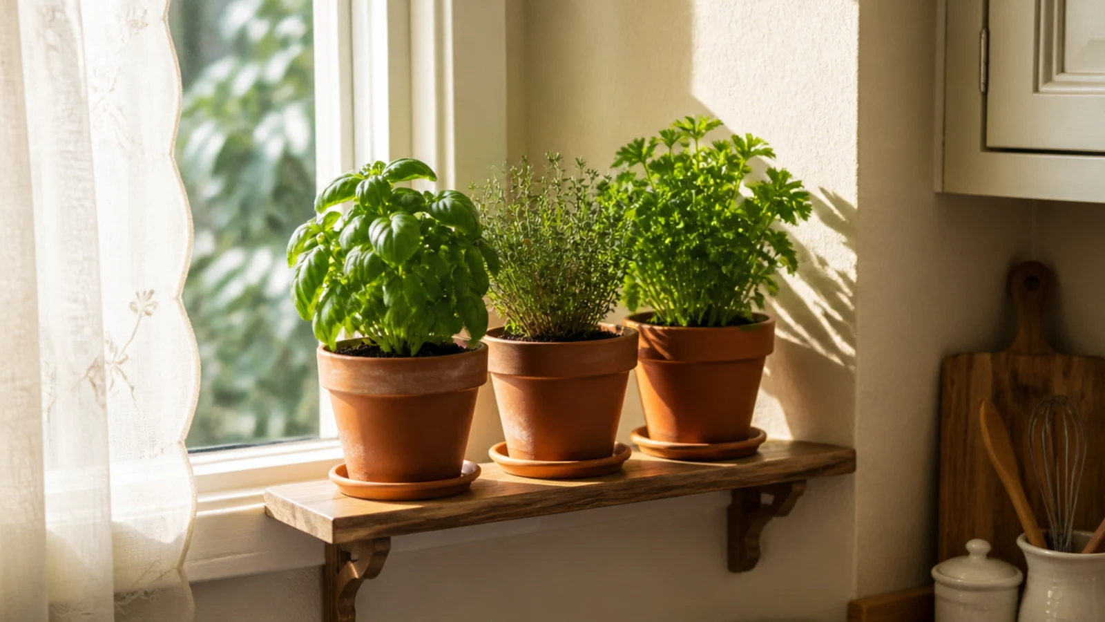 small potted herbs on a kitchen shelf beside a bright window corner