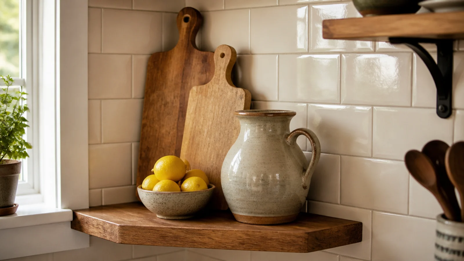 wooden cutting boards leaning upright at the back of a kitchen shelf