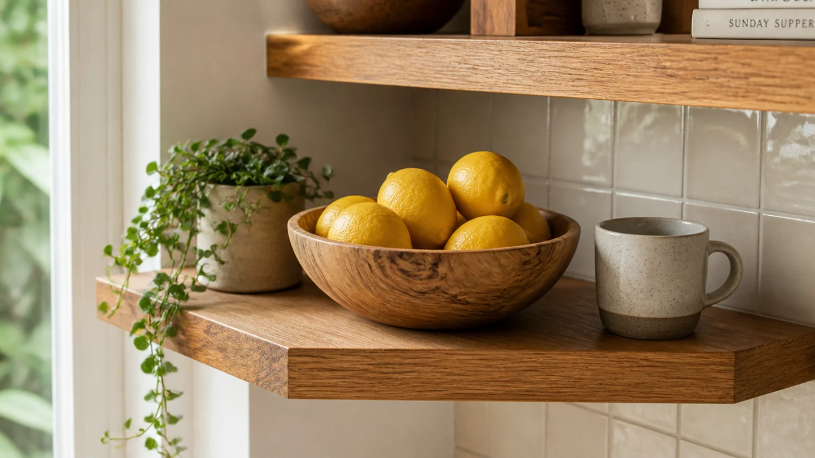 shallow wooden bowl of lemons on a warm kitchen corner shelf