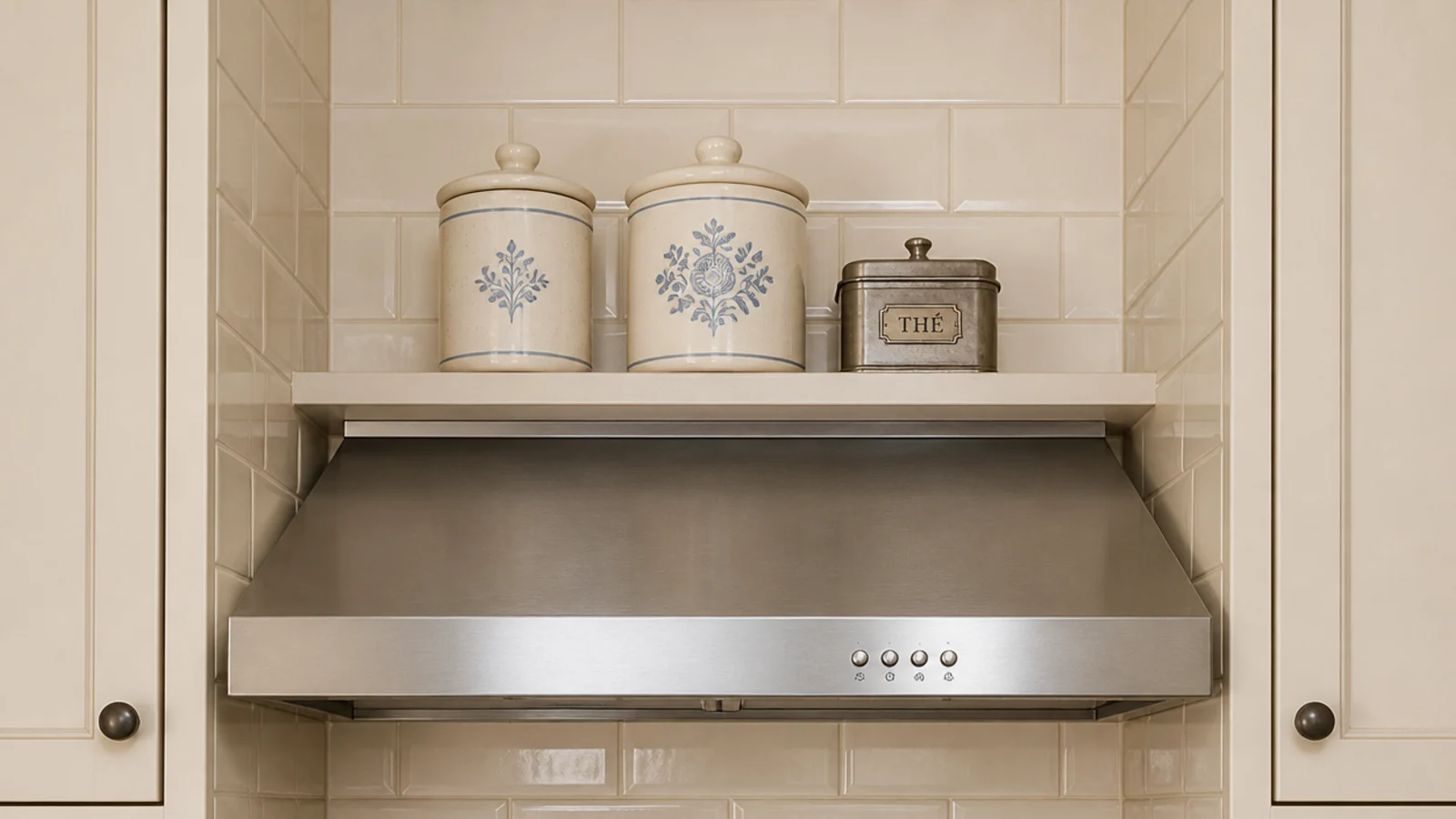 narrow shelf mounted above a range hood in a kitchen corner