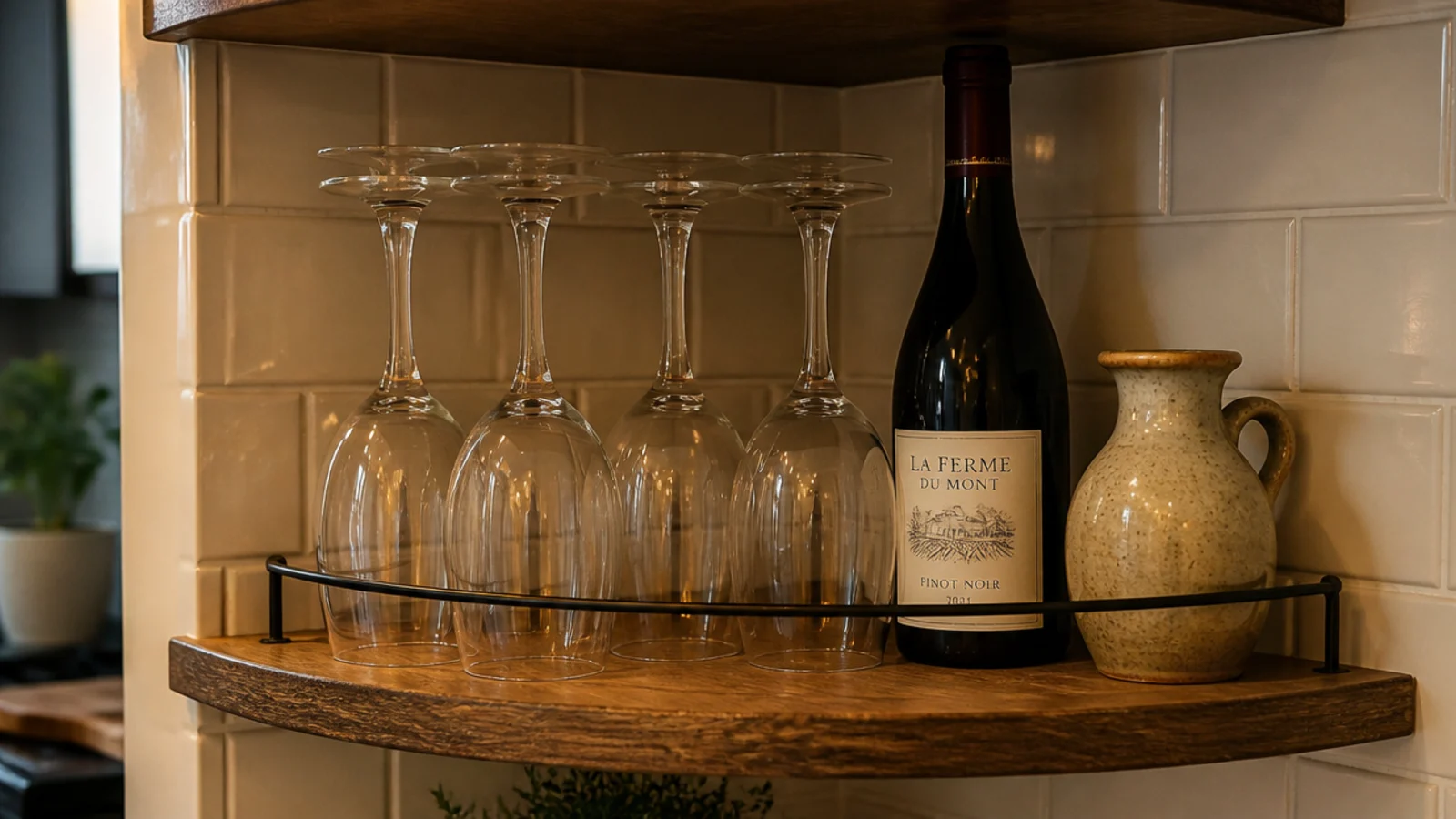 wine glasses and a bottle on a kitchen corner shelf near a counter